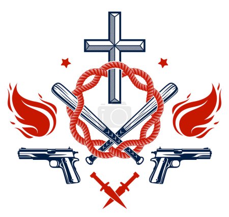 Illustration for Gangster thug emblem or logo with Christian Cross, weapons and different design elements , vector tattoo, anarchy and chaos, dead rebel partisan and revolutionary. - Royalty Free Image