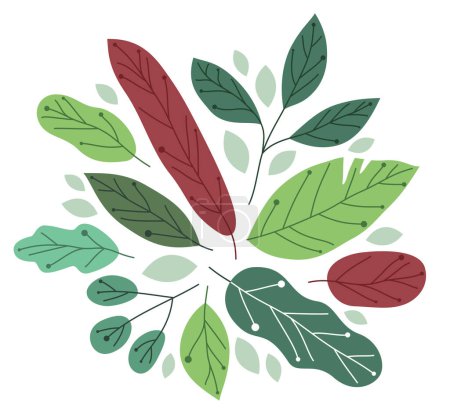 Téléchargez les illustrations : Belles feuilles vertes fraîches style plat vectoriel illustration isolée sur blanc, dessin de composition florale, design botanique. - en licence libre de droit