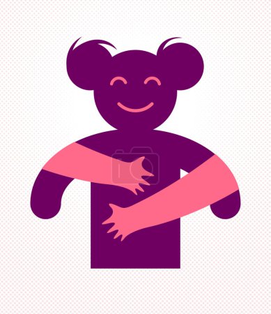 Illustration for Beloved woman with care hands of a lover or friend hugging her around from behind, vector icon logo or illustration in simplistic symbolic style. - Royalty Free Image