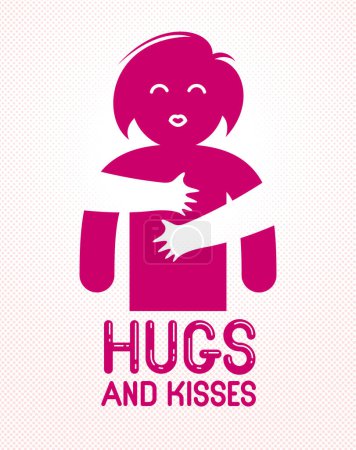 Illustration for Hugs and kisses with loving hands of beloved person and kissing lips, lover woman hugging her mate and shares love, vector icon logo or illustration in simplistic symbolic style. - Royalty Free Image