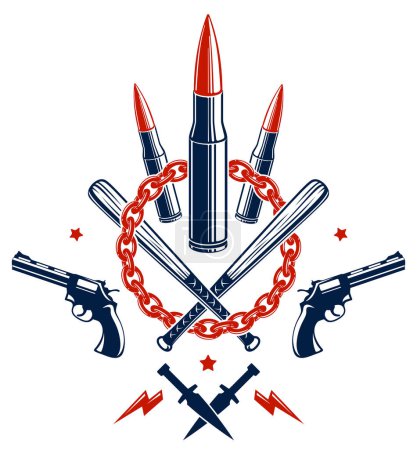 Illustration for Revolution and War vector emblem with bullets and guns, logo or tattoo with lots of different design elements, riot partisan warrior, criminal and anarchist style, social tension theme. - Royalty Free Image