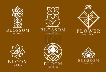 Ilustración de Hermosos logotipos de flores geométricas vector lineal diseños conjunto, emblemas de dibujo de línea de geometría sagrada o colección de símbolos, flores florecientes hotel o boutique o logotipos de joyería. - Imagen libre de derechos