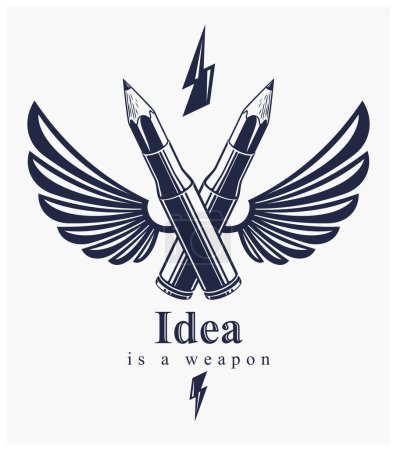 Ilustración de Idea es un concepto de arma, arma de un diseñador o artista alegoría que se muestra como un cartucho de arma de fuego alado cartuchos con lápices en lugar de bala, poder creativo, vector logotipo o icono. - Imagen libre de derechos