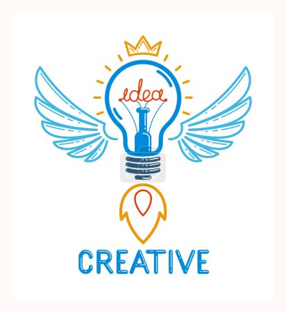 Téléchargez les illustrations : Ampoule à idées avec ailes lancées comme un logo ou une icône linéaire vectoriel fusée, démarrage d'idée créative, invention scientifique ou ampoule de recherche, démarrage d'une nouvelle entreprise. - en licence libre de droit