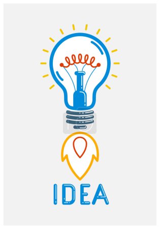 Illustration for Idea light bulb launching like a rocket vector linear logo or icon, creative idea startup, science invention or research lightbulb, new business start. - Royalty Free Image