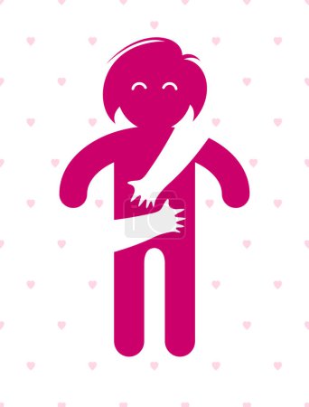Ilustración de Amada mujer con las manos cuidadas de un amante o amigo abrazándola por detrás, logotipo de icono vectorial o ilustración en estilo simbólico simplista. - Imagen libre de derechos