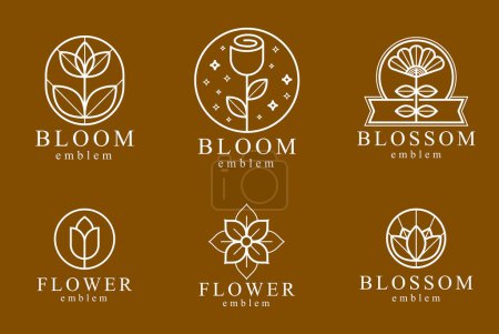 Illustration for Geometric linear style vector flower logos or emblems set, sacred geometry floral symbols line drawing emblems collection, blossoming flower hotel or boutique or jewelry logotypes. - Royalty Free Image
