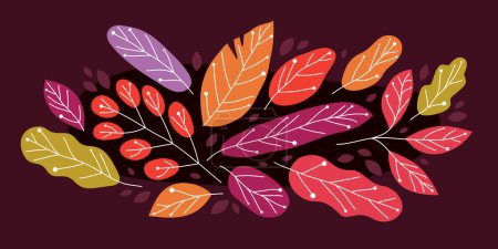 Ilustración de Hojas de otoño amarillas y rojas belleza de la naturaleza vector ilustración plana sobre fondo oscuro, composición de dibujo de follaje de otoño. - Imagen libre de derechos