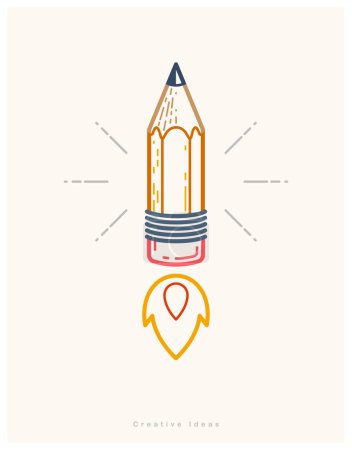 Téléchargez les illustrations : Crayon lancé comme une fusée de démarrage, créateur de génie énergétique artiste ou designer, vecteur de conception et de créativité logo ou icône, démarrage d'art. - en licence libre de droit