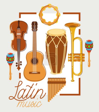 Illustration for Latin music band salsa vector flat poster isolated over white background, live sound festival concert or night dancing party, Brazil or Cuban musical fiesta theme advertising flyer or banner. - Royalty Free Image