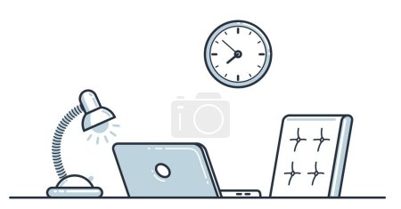 Illustration for Work desk flat illustration isolated over white, office or home working place vector modern illustration, empty chair nobody vacant job concept, comfortable space for work. - Royalty Free Image
