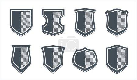 Ilustración de Colección de escudos clásicos elementos de diseño vectorial, iconos de defensa y seguridad, colección de emblemas de munición vacíos y en blanco. - Imagen libre de derechos