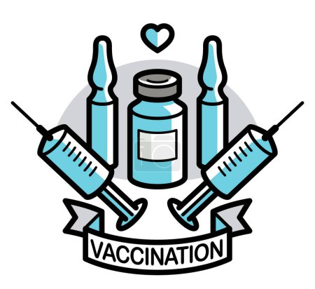 Illustration for Vaccination theme vector illustration of a syringe with ampules and vial isolated over white, epidemic or pandemic coronavirus covid 19 or flu or SARS or any other vaccine, pharmacology concept. - Royalty Free Image