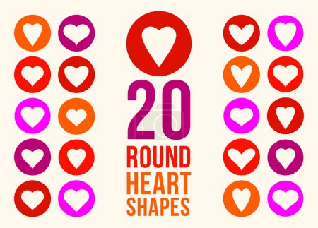 Ilustración de Hearts in circles icons or logos vector set, graphic design elements, different cartoon cute hearts collection. - Imagen libre de derechos