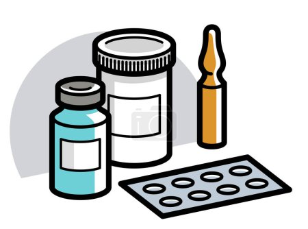 Illustration for Medicine pharmacy theme medical bottles pills and ampules 3d vector illustration isolated, medicaments and drugs, health care meds cartoon, vitamins or antibiotics, simple linear design. - Royalty Free Image