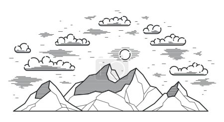Ilustración de Picos de montaña línea arte vector ilustración aislado en blanco, ilustración lineal de la cordillera naturaleza salvaje paisaje, senderismo al aire libre camping ant tema de viaje. - Imagen libre de derechos