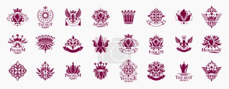 Illustration for De Lis and crowns vintage heraldic emblems vector big set, antique heraldry symbolic badges and awards collection with lily flower symbol, classic style design elements, family emblems. - Royalty Free Image