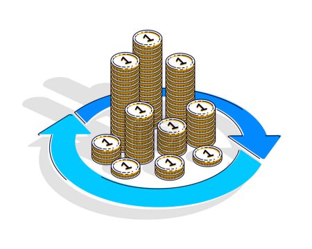 Illustration for Money circulation, return on investment, currency exchange, cash back, money refund, concepts can be used. Vector illustration of cash money stack with radial loop arrows around, 3d isometric. - Royalty Free Image