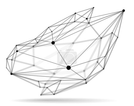 Téléchargez les illustrations : Abstraction vectorielle de maille de treillis dimensionnel, forme abstraite de conception polygonale 3D isolée sur blanc, connexions dynamiques numériques scientifiques avec des lignes et des points avec perspective. - en licence libre de droit