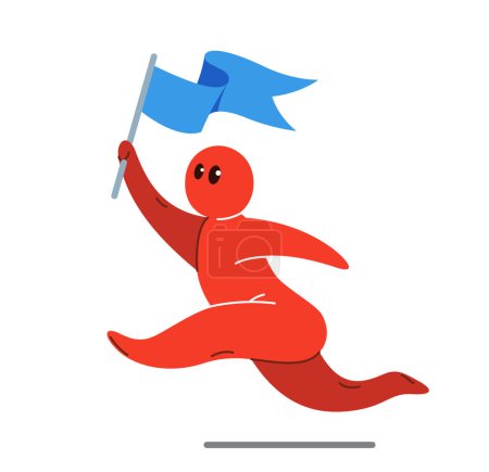 Illustration for Funny cartoon man running with flag like a champion or career success vector flat style illustration isolated on white, cute and positive small guy drawing or icon. - Royalty Free Image
