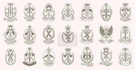 Ilustración de Logotipos de armas gran conjunto vectorial, colección de emblemas militares heráldicos vintage, elementos de diseño de heráldica de estilo clásico, lanzas cuchillos antiguos y símbolos de hachas. - Imagen libre de derechos