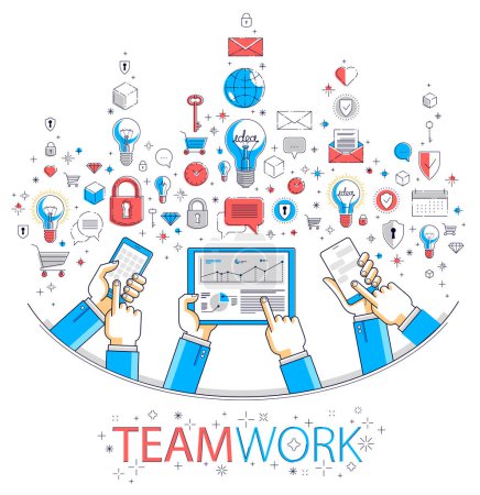 Illustration for Internet teamwork online team is working and having communication using gadgets and apps, businessmen hands with phones and tablet, vector illustration. - Royalty Free Image