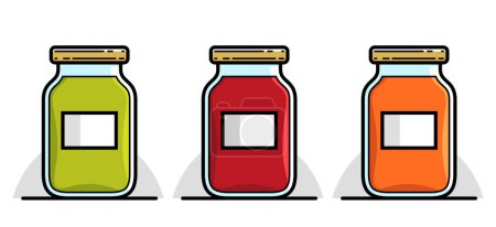 Ilustración de Tarro de mermelada en 3 colores aislados en ilustración vectorial blanca en estilo de dibujos animados, deliciosa y saludable mermelada casera de comida natural. - Imagen libre de derechos