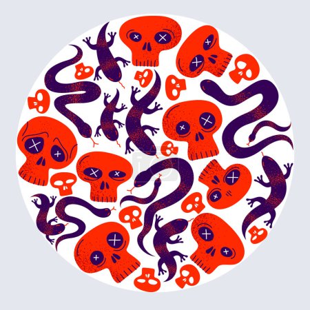 Illustration for Skulls with lizards and snakes round composition in a circle vector design illustration, death sculls horror and fear theme concept, hard rock subculture style. - Royalty Free Image