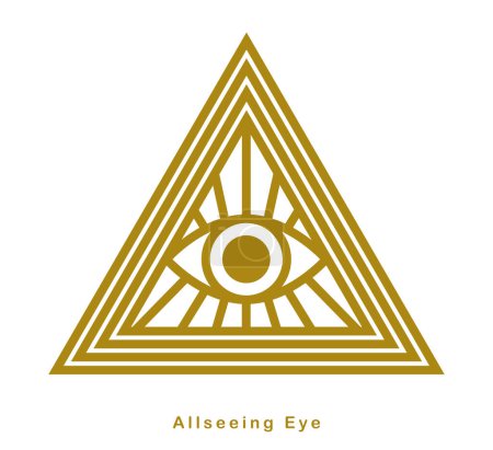 Ilustración de Ver ojo en triángulo pirámide vector antiguo símbolo en estilo lineal moderno aislado en blanco, ojo de dios, signo masónico, conocimiento secreto illuminati. - Imagen libre de derechos