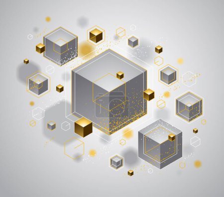 Illustration for Cubes cluster with golden elements lines and dots vector abstract background, 3D abstraction vip luxury style, geometric design, technology and science theme. - Royalty Free Image