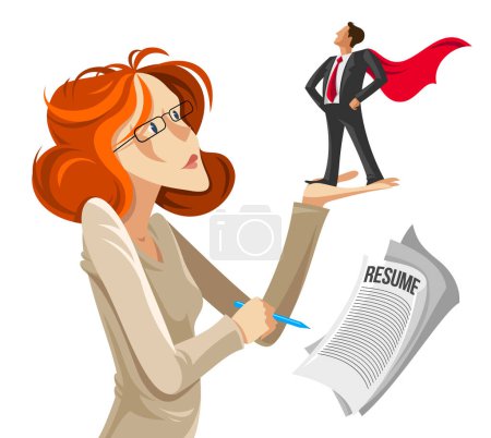 Illustration for Business woman examine employee man to hire vector cartoon illustration isolated on white, thinking and analyzing lady manager boss HR manager, smart attractive female. - Royalty Free Image