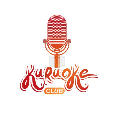 Ilustración de Karaoke club de letras, club nocturno invitación emblema vectorial creado con el equipo de audio micrófono escenario
. - Imagen libre de derechos
