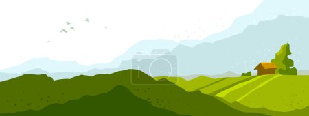 Illustration for Beautiful scenic nature landscape vector illustration summer or spring season with grasslands meadows hills and mountains, hiking traveling trip to the countryside concept. - Royalty Free Image