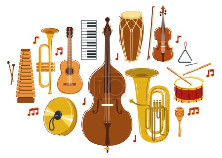 Ilustración de Instrumentos de música clásica composición vector plano estilo ilustración aislado en blanco, orquesta clásica sonido acústico, concierto o festival sonido en vivo. - Imagen libre de derechos