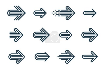Ilustración de Conjunto de vectores de logotipos de flecha lineal, colección de flechas símbolos para su uso como iconos o creación de logotipos, diseño gráfico signos de un solo color. - Imagen libre de derechos