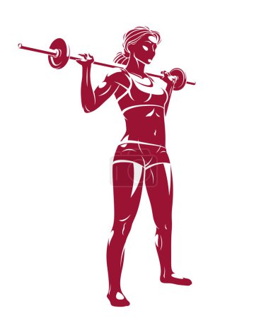 Téléchargez les illustrations : Young attractive woman with perfect muscular body training with a barbell vector illustration isolated, sport exercises active lifestyle. - en licence libre de droit