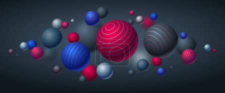 Illustration for Abstract spheres vector background, composition of flying balls decorated with lines, 3D mixed realistic globes, realistic depth of field effect. - Royalty Free Image