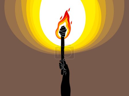 Illustration for Torch in a hand raised up illuminates the dark vector illustration, Prometheus, flames of fire, bring the light to the dark, conceptual allegory art. - Royalty Free Image