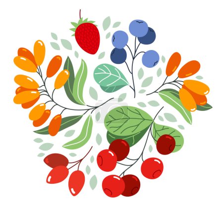Illustration for Wild berries fresh and ripe tasty healthy food vector flat style illustration isolated over white, delicious vegetation diet eating, organic food. - Royalty Free Image