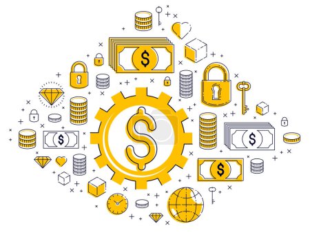 Illustration for Economy system and business concept, gear mechanism with dollar signs and icon set, allegory design of systematic business and financial activity, vector illustration. - Royalty Free Image