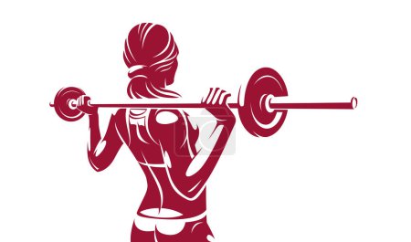 Ilustración de Young attractive woman with perfect muscular body training with a barbell vector illustration isolated, sport exercises active lifestyle. - Imagen libre de derechos