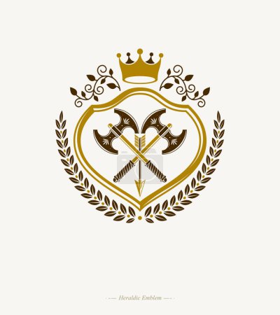 Ilustración de Vintage decorative heraldic vector emblem composed with armory and royal crown - Imagen libre de derechos