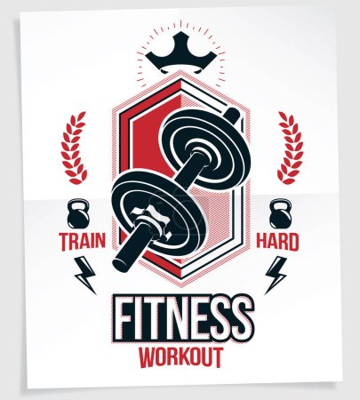 Illustration for Sports center vector advertising poster made using disc weight dumbbell and kettle bell sport fitness and power lifting equipment. - Royalty Free Image