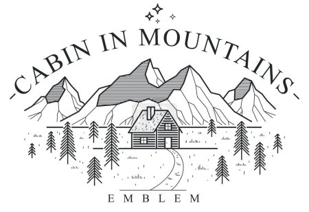 Illustration for Log cabin wooden house in pine forest over mountain range vector nature emblem isolated on white, cottage woodhouse for rest in pine forest, holidays and vacations theme line art logo. - Royalty Free Image