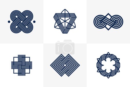 Ilustración de Graphic design elements for logo creation, intertwined lines vintage style icons collection, abstract geometric linear symbols vector set. - Imagen libre de derechos