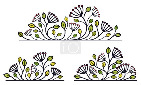 Illustration for Beautiful linear floral vector design isolated on white, leaves and branches with berries elegant text divider border element for layouts, fashion style classical emblem, luxury vintage graphics. - Royalty Free Image