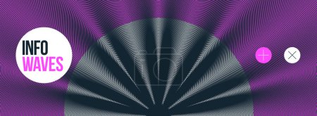 Illustration for Moire wave vector abstract background, linear contrast virtual digital effect image, hypnotic texture, optical art trendy modern style, black and white distorted grid. - Royalty Free Image