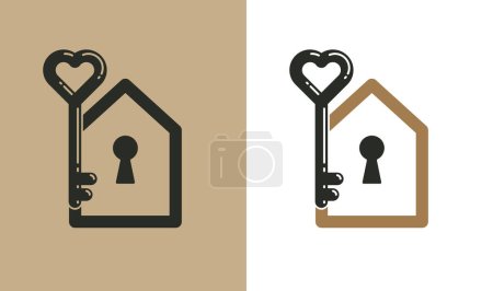 Ilustración de Logotipo de vector de bienes raíces, emblema de agencia de bienes raíces, identidad de negocio símbolo llave en mano, casa en venta o alquiler, tema de bienes raíces. - Imagen libre de derechos