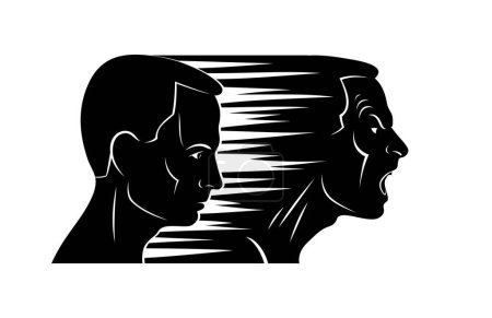 Illustration for Anxiety inner conflict and suspended anger mental health vector conceptual illustration or logo visualized by man face profile and other profile comes from first with scream and shout. - Royalty Free Image