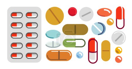 Illustration for Different medical pills vector simple flat illustrations of icons set isolated on white, meds drugstore concept, apothecary prescription medicaments. - Royalty Free Image